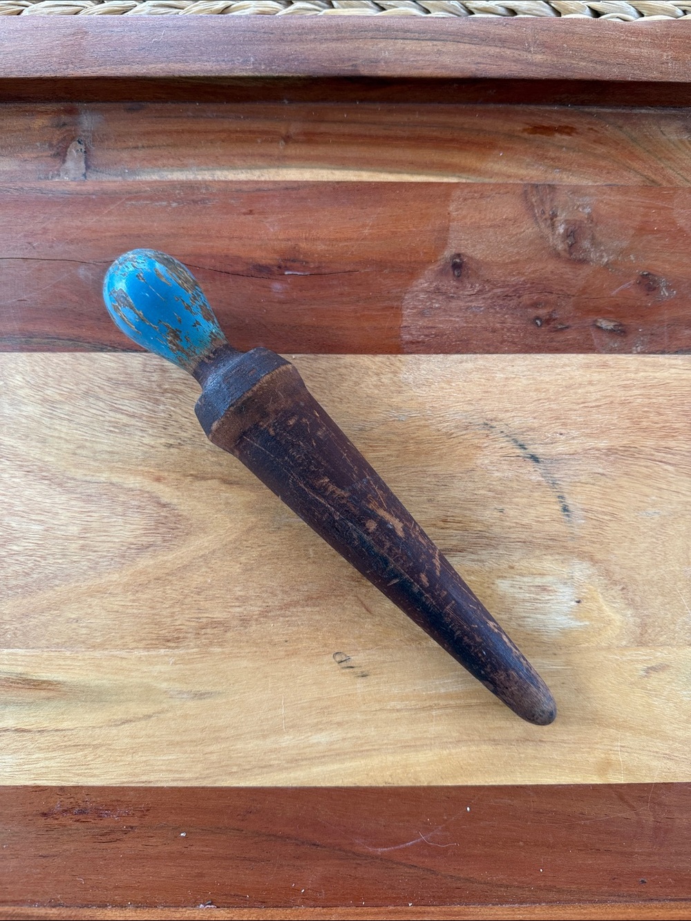 Vintage Primitive Wooden Masher/Roller/Pestle with Blue Painted Handle